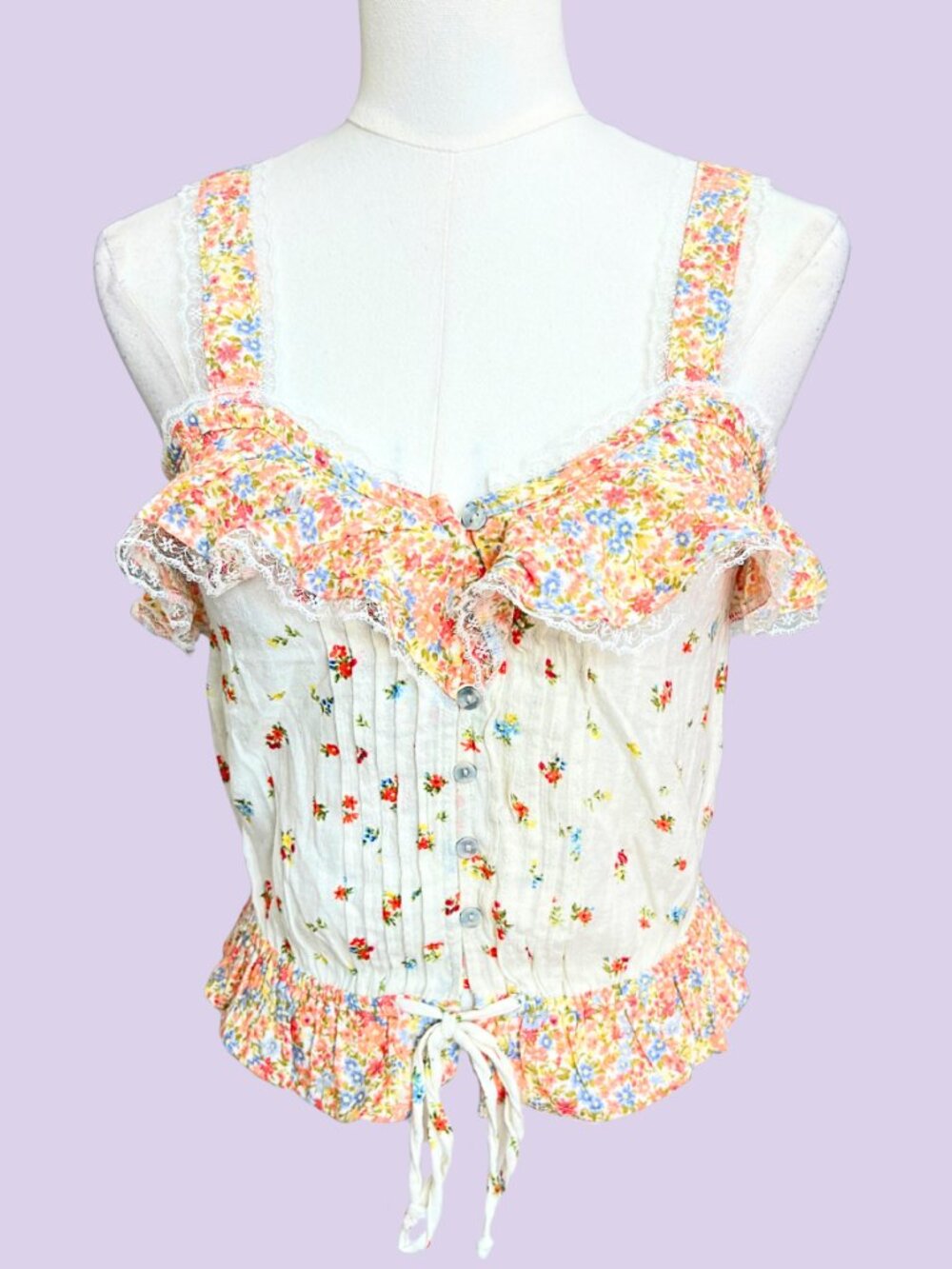Y2K Floral Lace Trim Button Tank Top